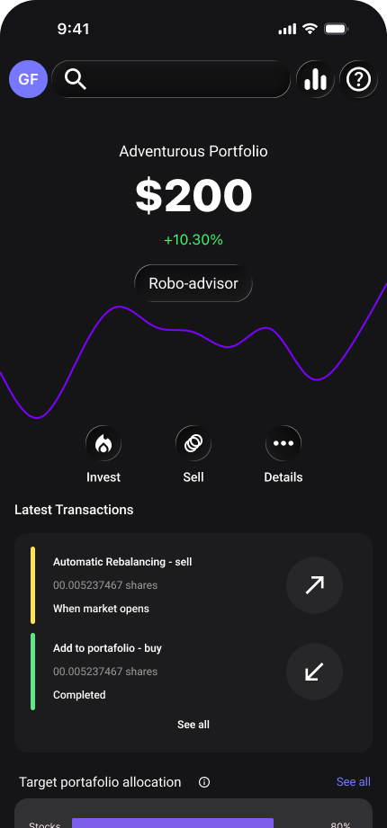 Pantalla de portafolio robo-advisor de Rivium